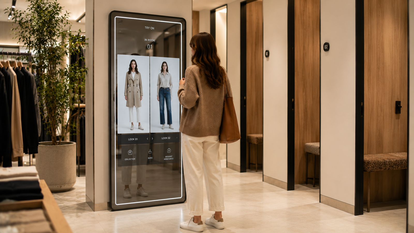 Fashion shopper viewing a virtual fitting room style try-on display.