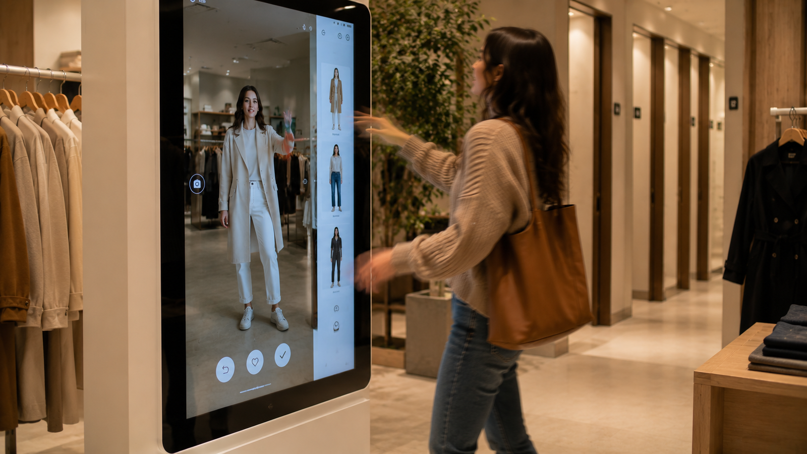 Illustration of a live virtual try-on experience across retail display and mobile contexts.