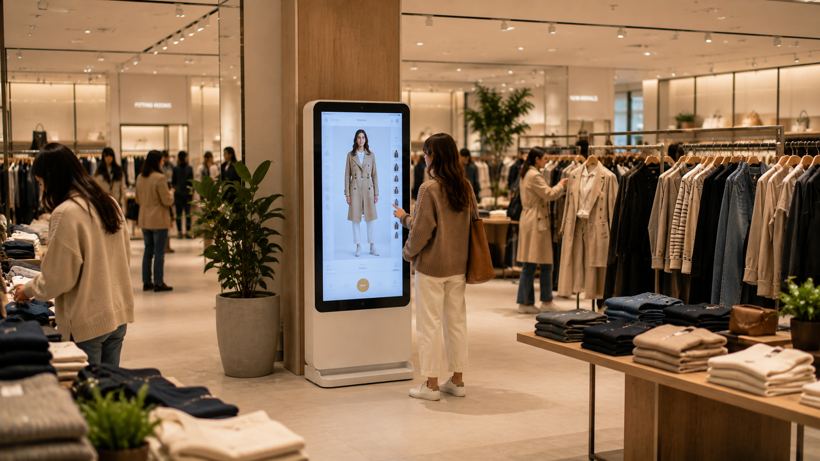 Retail virtual try-on kiosk used for fashion store discovery.
