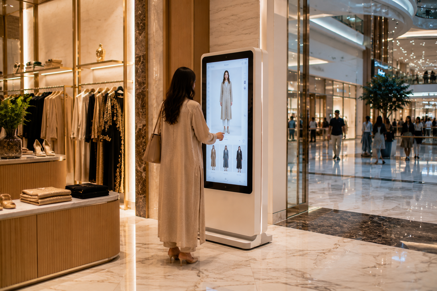 AI virtual try-on kiosk concept for premium UAE fashion retail.