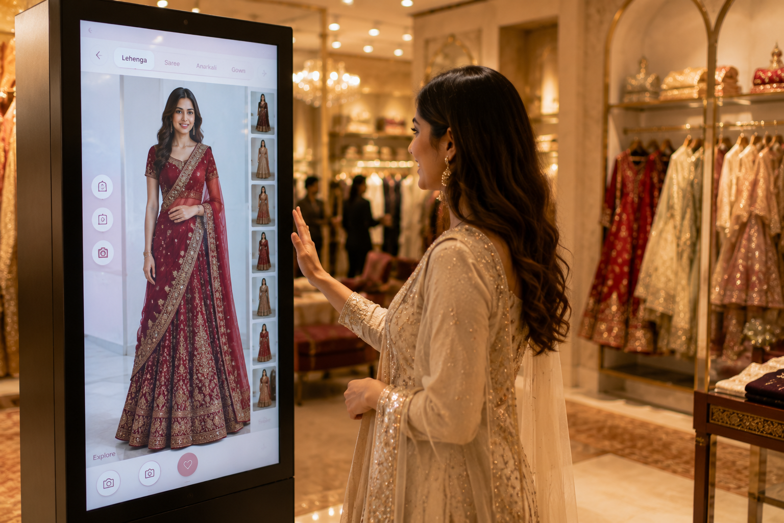 Virtual try-on kiosk used for occasion wear and ethnic wear style discovery.
