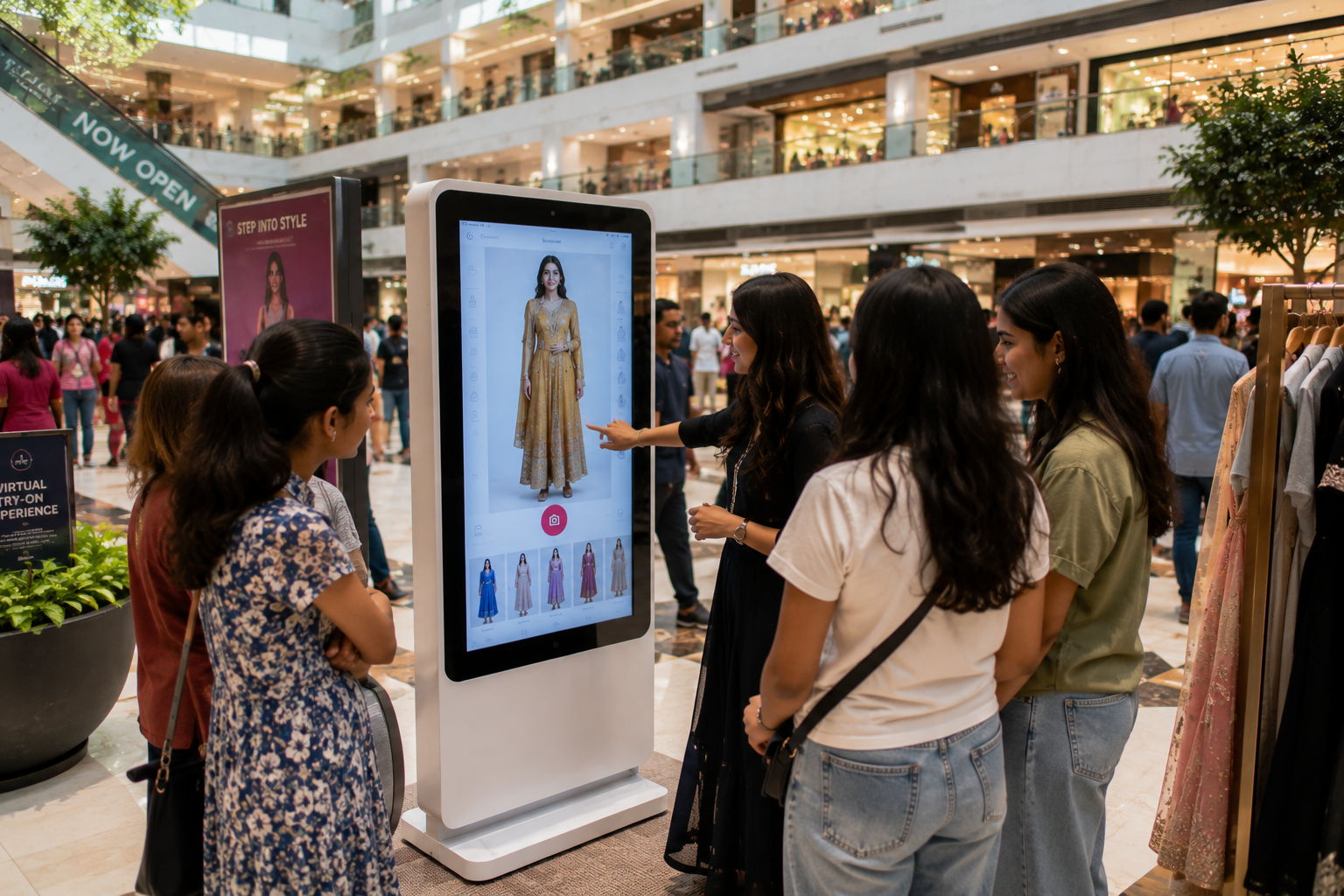 AI virtual try-on kiosk placed in a mall fashion retail environment.