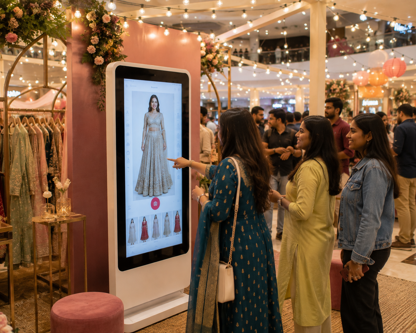 Fashion shopper using a virtual try-on kiosk during a retail activation concept.