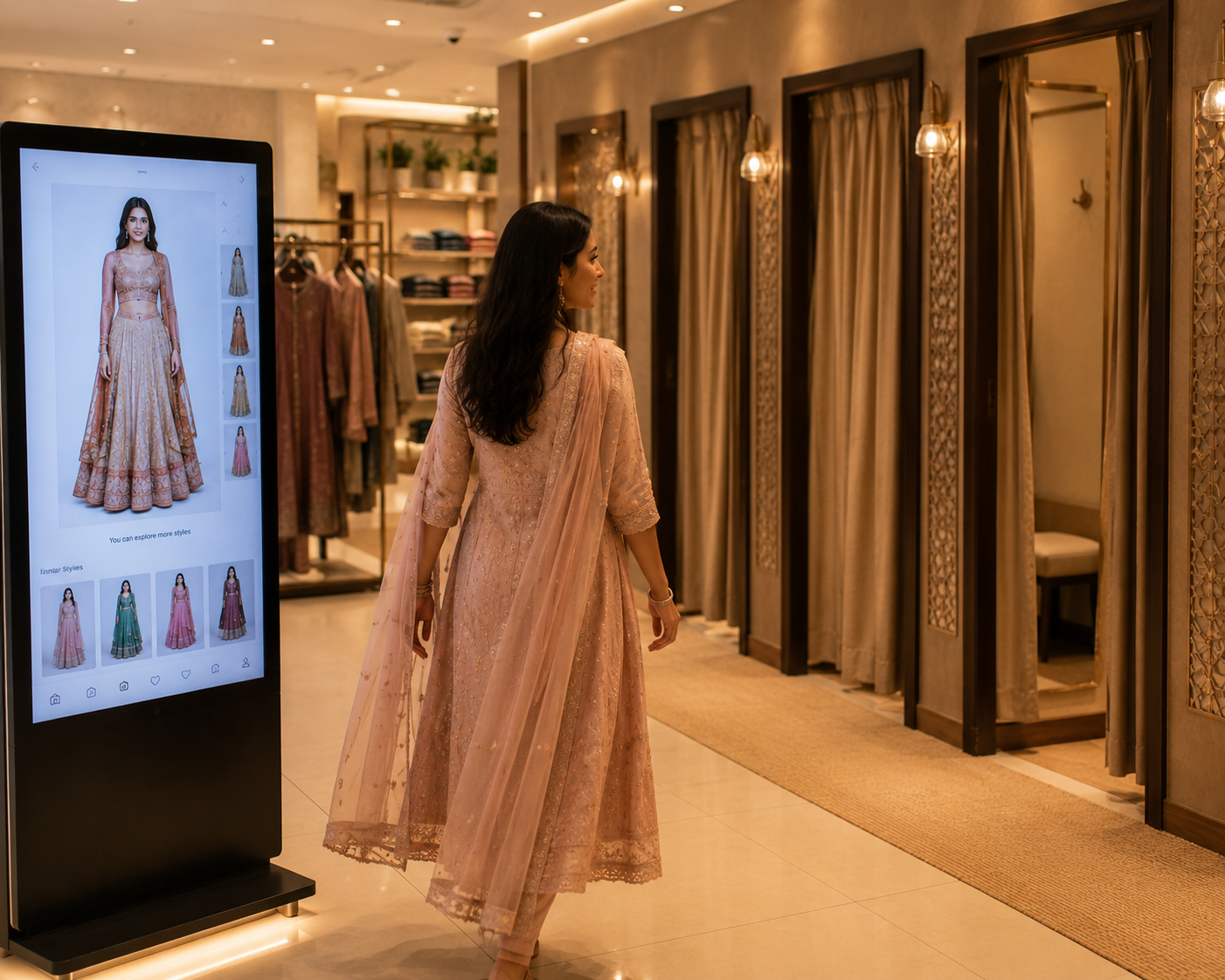 Illustrated retail flow showing a shopper moving from virtual trial room discovery to a next action.