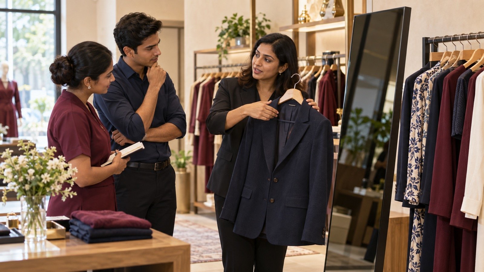 Fashion store manager rehearsing garment selection with two associates beside a retail display