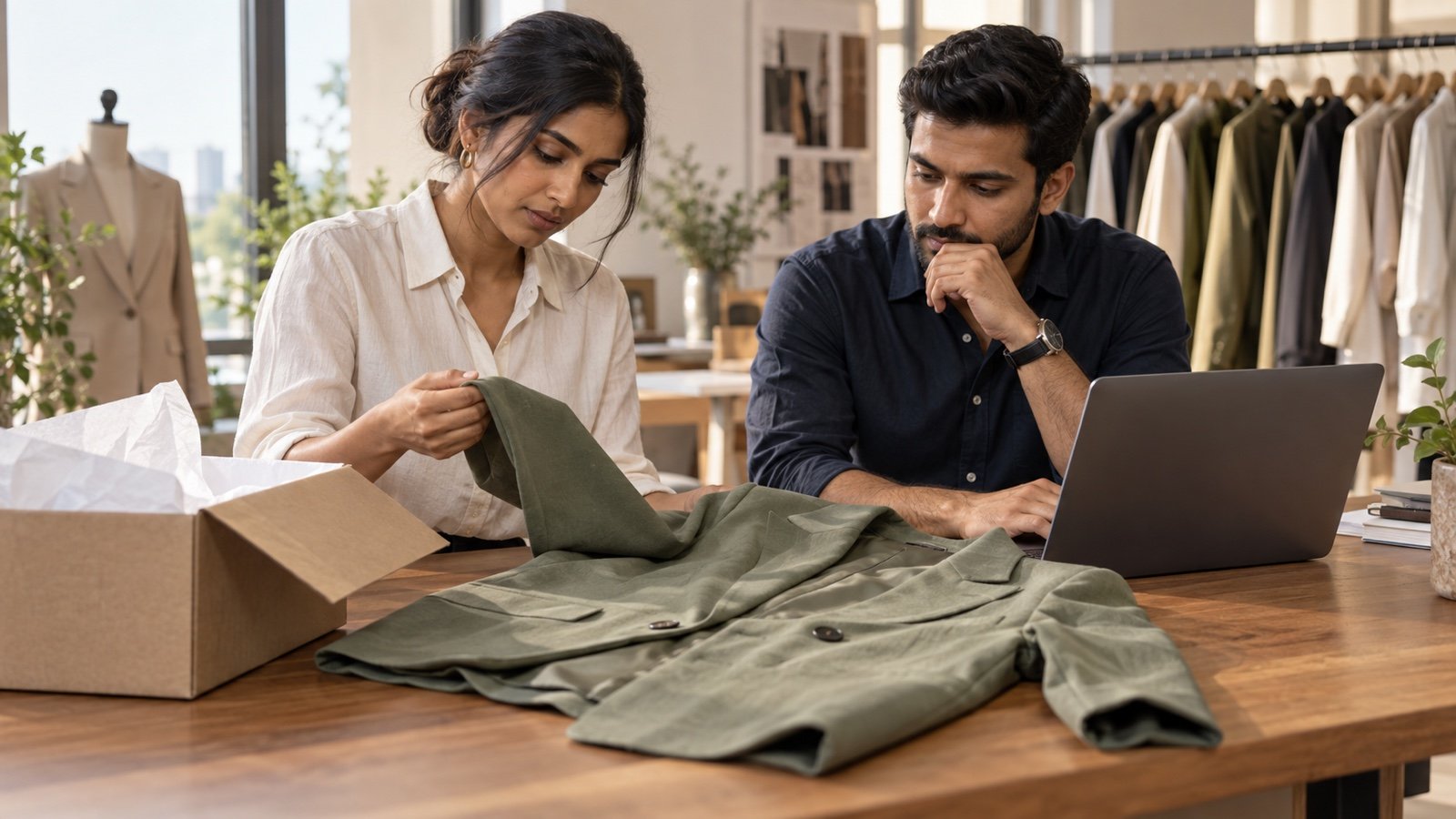 Fashion merchandising and ecommerce colleagues reviewing a returned green jacket beside an open parcel