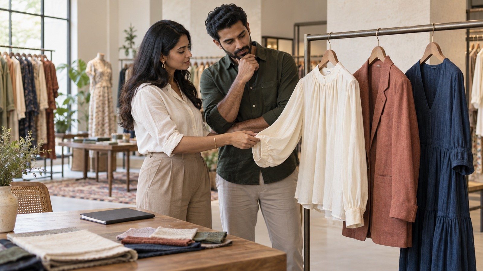 Two fashion merchandisers comparing an ivory blouse, terracotta jacket and indigo dress in a showroom