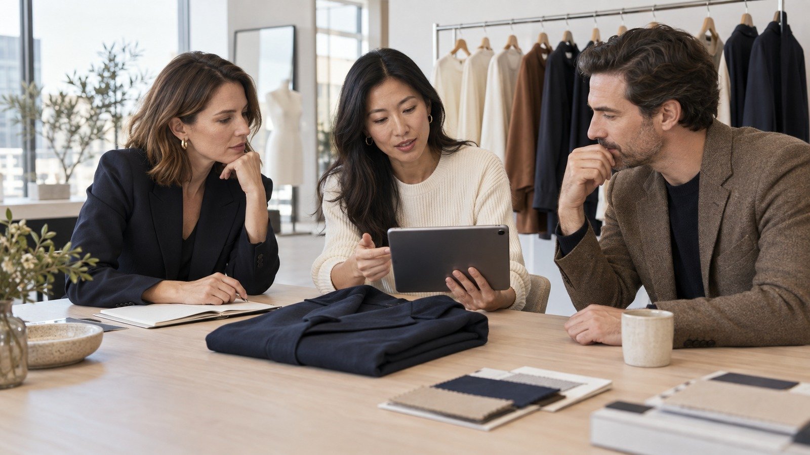 Three fashion business professionals reviewing a tablet beside a navy jacket in a showroom