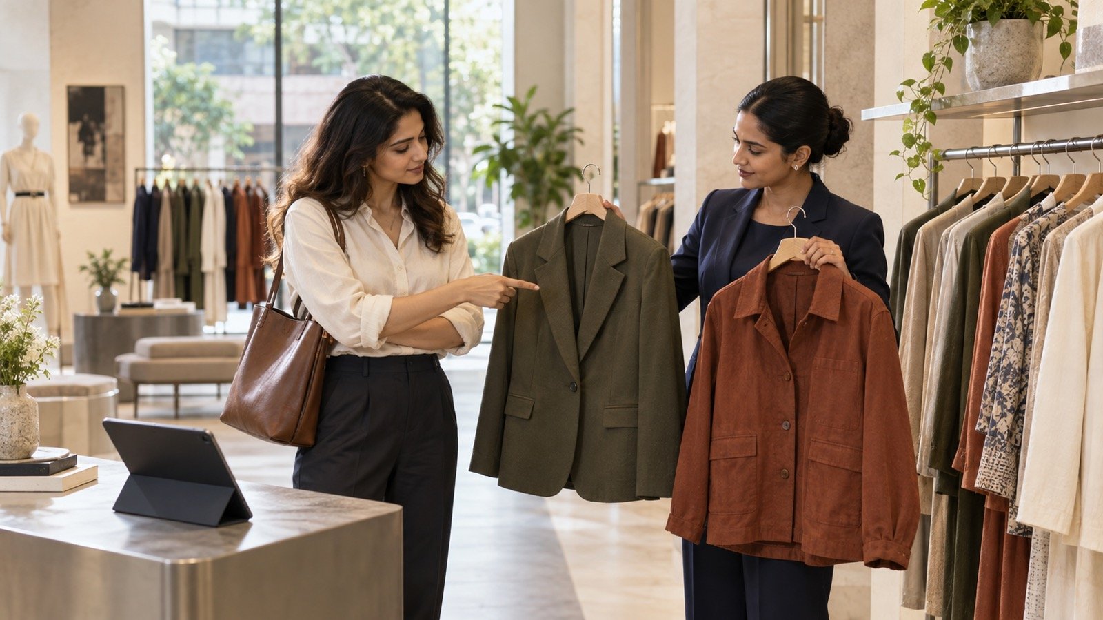 Fashion shopper and store associate comparing olive and rust jackets beside a tablet in a boutique