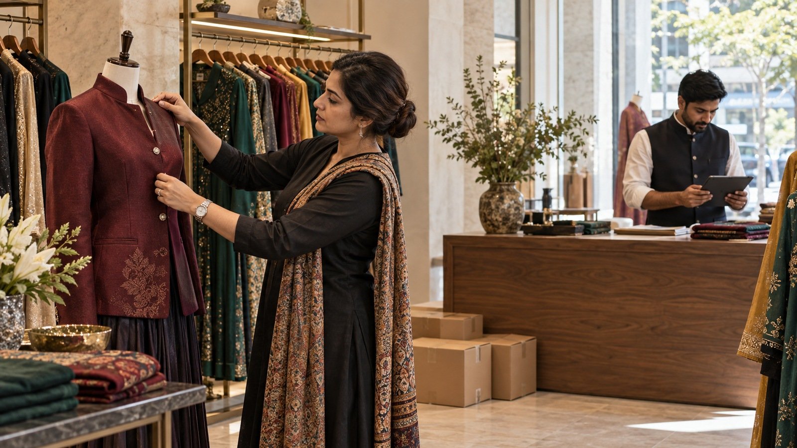 Fashion merchandising lead adjusts a burgundy jacket on a mannequin while a store manager reviews a tablet before opening