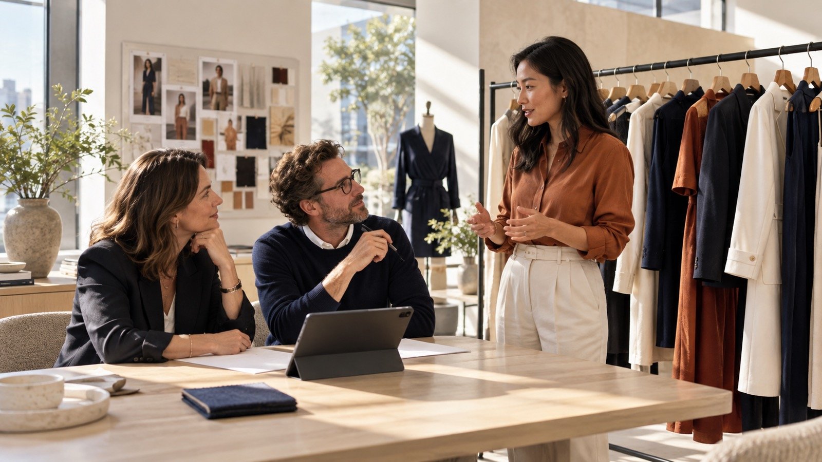 Three fashion retail colleagues discussing a pilot proposal beside a garment rail in a sunlit showroom