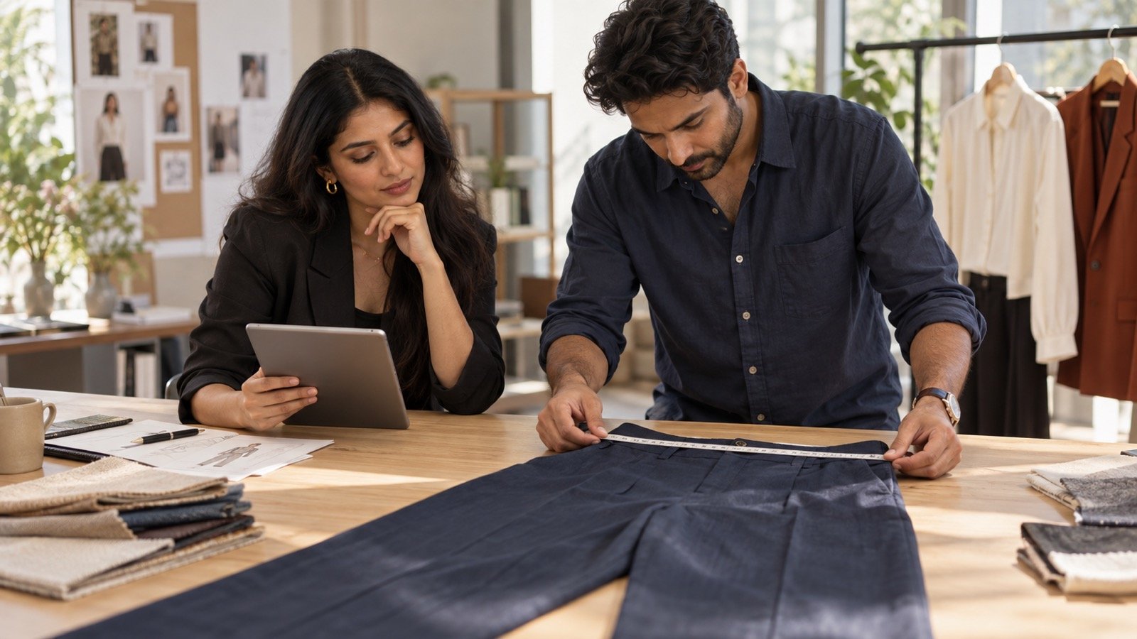 Fashion ecommerce director reviews a tablet while a colleague measures indigo trousers in a sunlit showroom