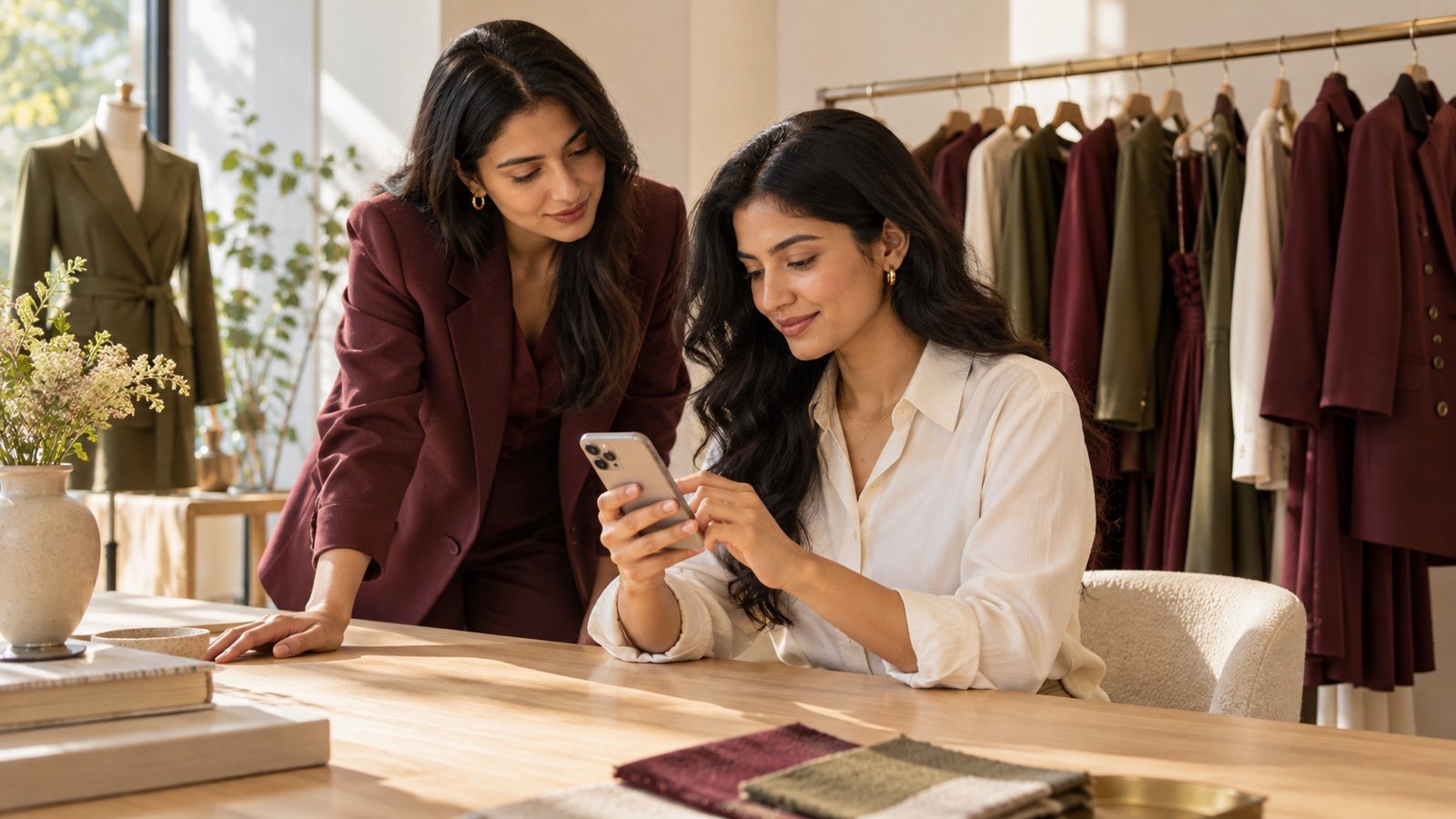 Woman using a smartphone while an ecommerce colleague observes beside a garment rail in a sunlit fashion showroom