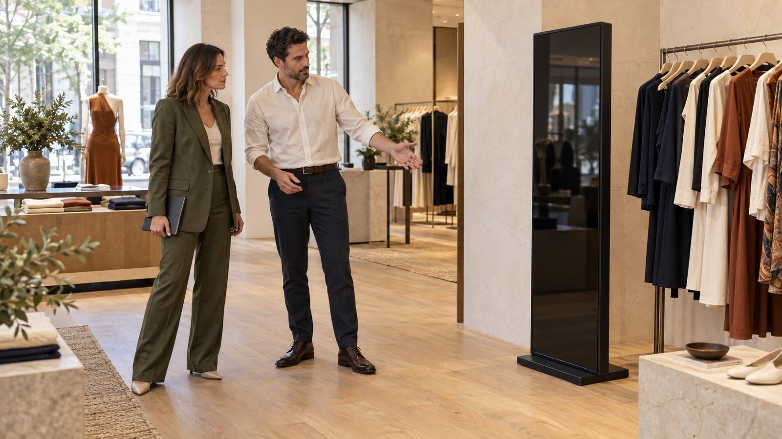 Regional retail leader and store manager reviewing display placement beside a garment rail in a fashion boutique