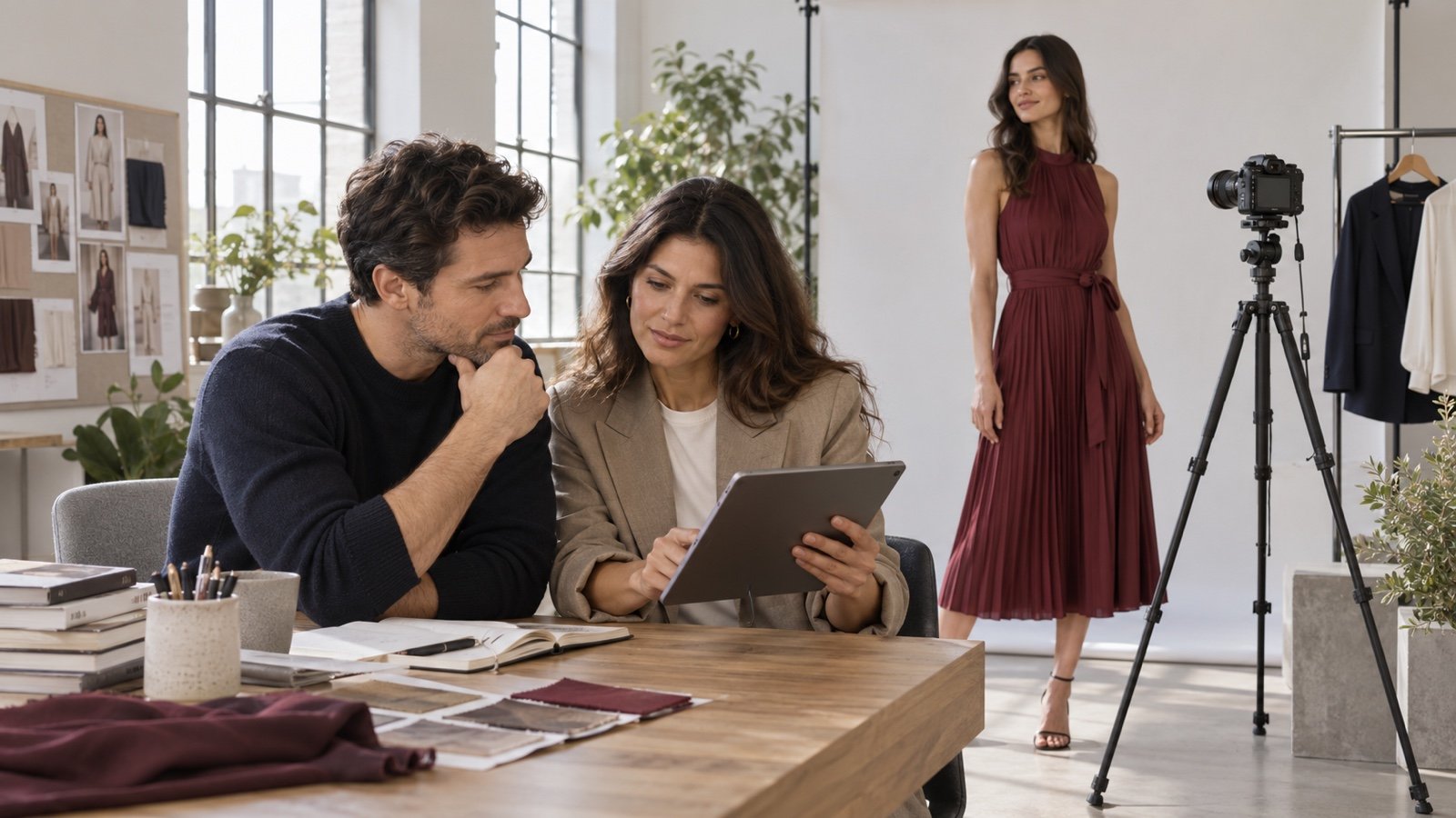 Fashion colleagues reviewing a tablet while a model in a burgundy pleated dress stands beside a camera in a daylight studio