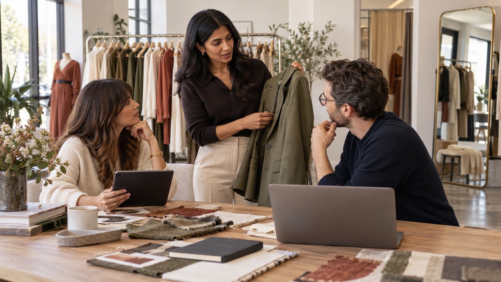 Fashion business colleagues discussing an olive jacket and tablet in a daylight showroom