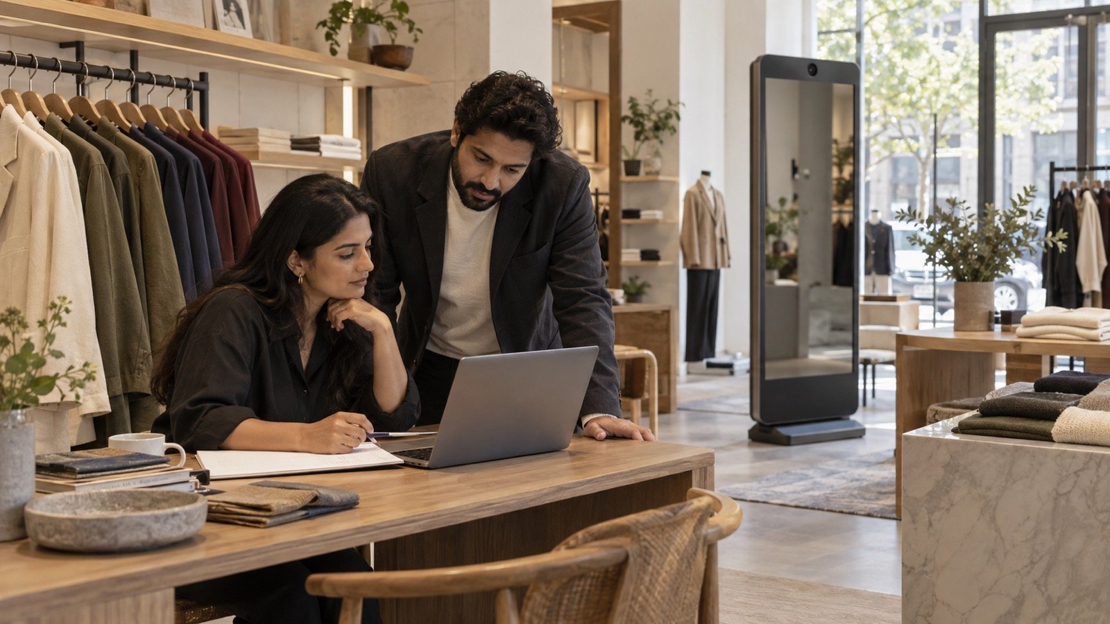 Retail colleagues reviewing a laptop and planning sheet beside jackets and a freestanding display in a fashion store