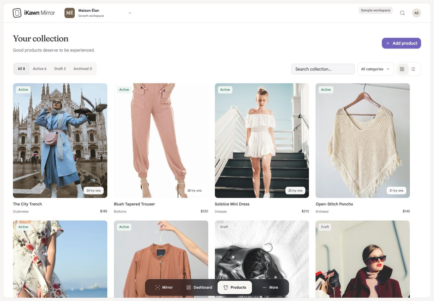 Actual Mirror for Business product catalog interface, shown with sample products