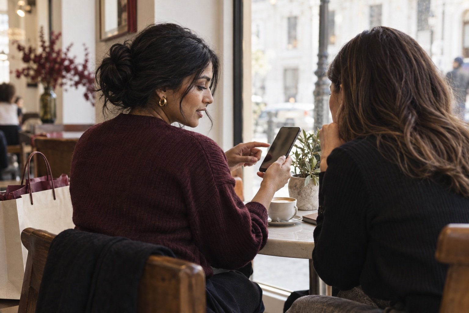 Illustrative customer revisiting a look on her phone with a friend after a shopping visit