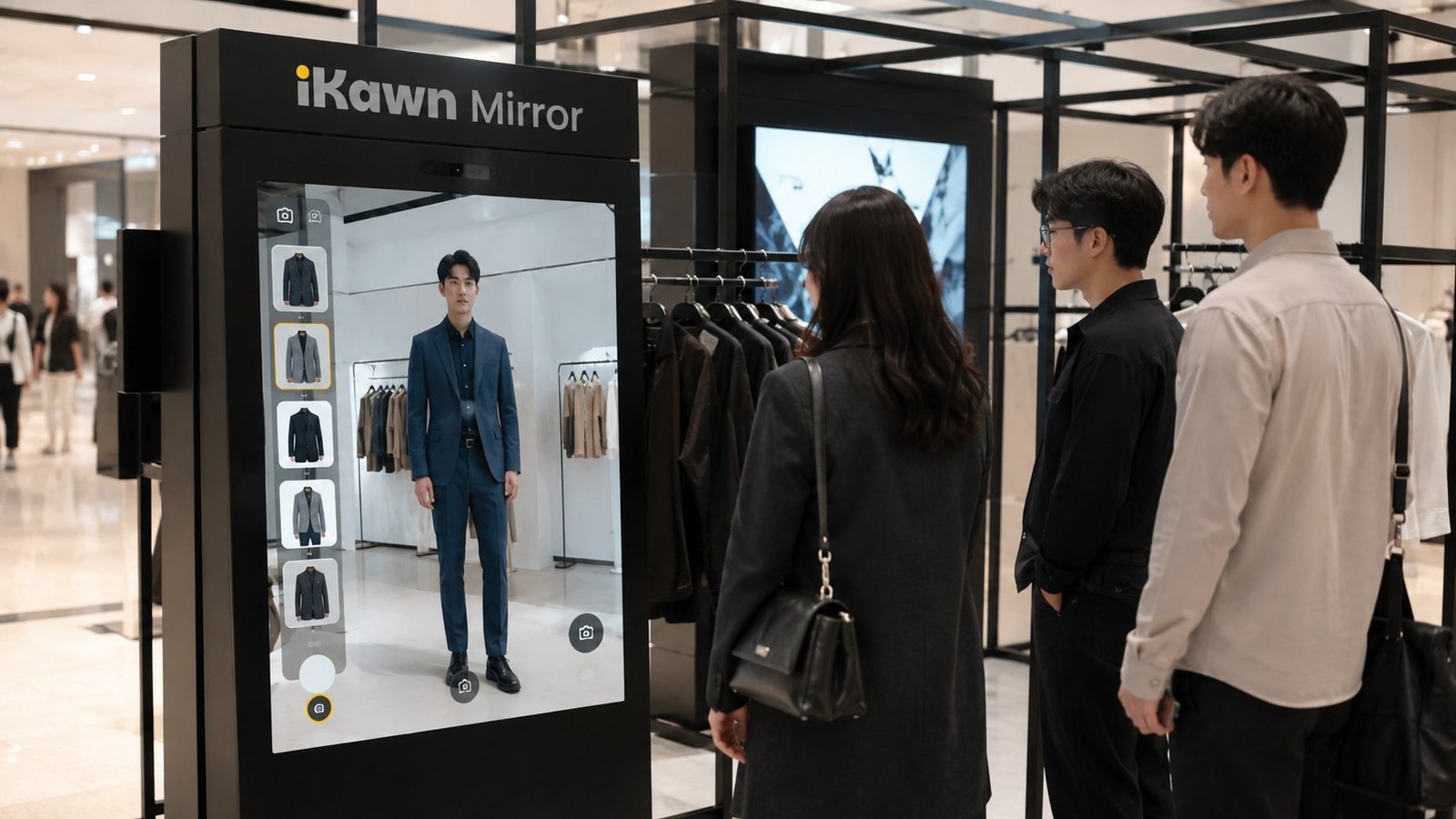 Realistic fashion event visitors using an iKawn Mirror-style virtual try-on activation.