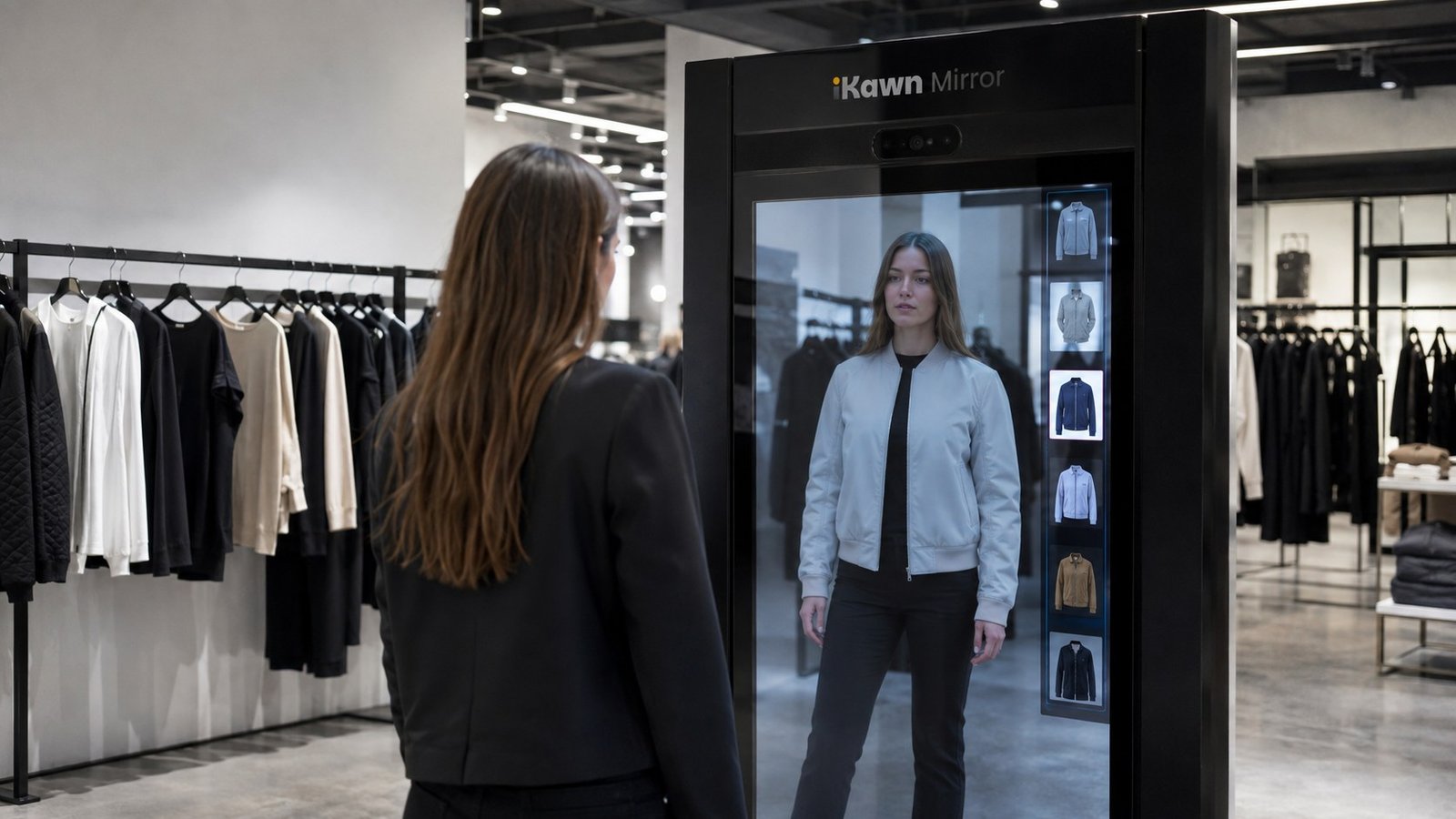Realistic retail store shopper using an iKawn Mirror-style virtual try-on kiosk.