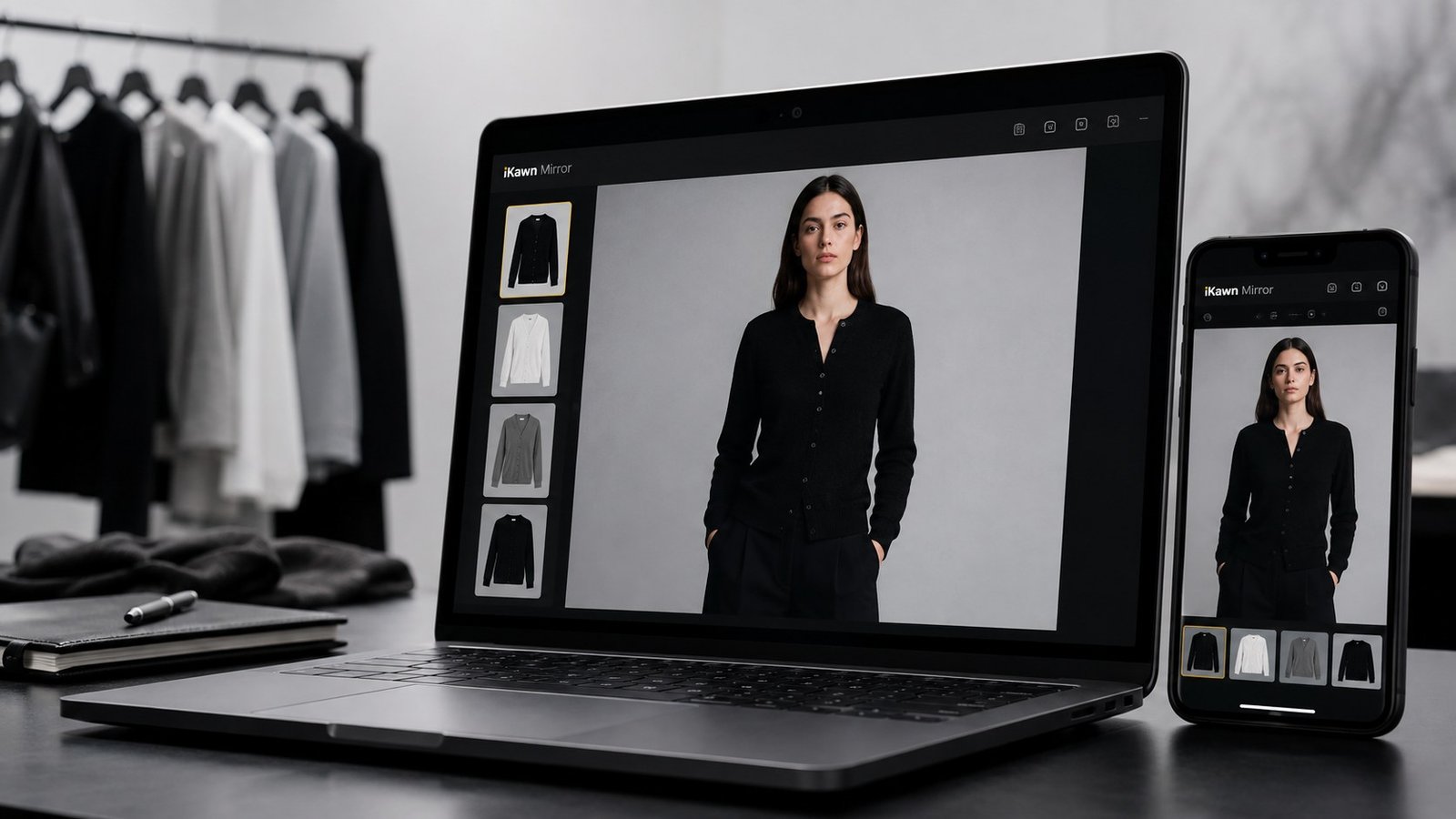 Realistic web and mobile iKawn Mirror virtual try-on shopping flow.